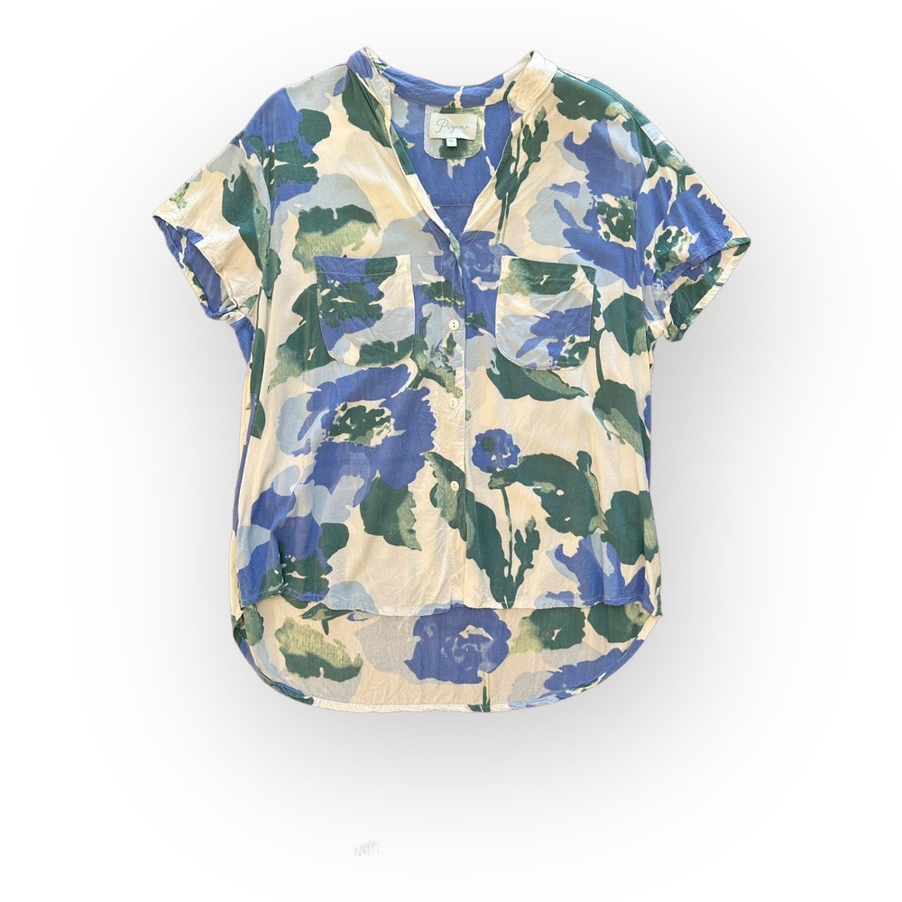 Piyama Blue‎ Floral Print Short Sleeve Button up Pajama Top Size XL
